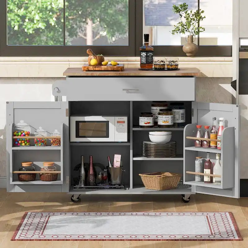 Rolling Kitchen Island Cart with Rubberwood Drop-Leaf Top and Storage